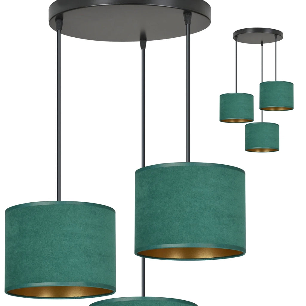 Lampadario Tondo 3 Luci Ganesha In Acciaio Nero E Paralumi In Tessuto Verde