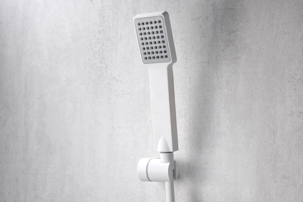 IMEX Miscelatore vasca-doccia bianco opaco in ottone e zama con cartuccia ceramica Ø35 mm tubo flessibile metallo 180 cm supporto doccetta ABS maniglia quadrata Imex-BDAR025-4BL