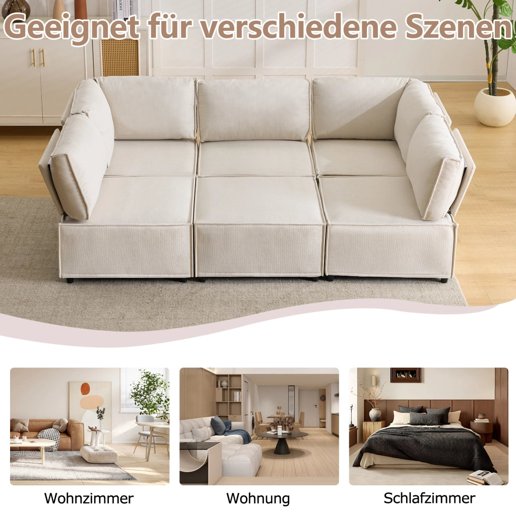 Divano angolare modulare componibile con seduta comoda e rivestimento in lino beige 308 × 152 × 77 cm