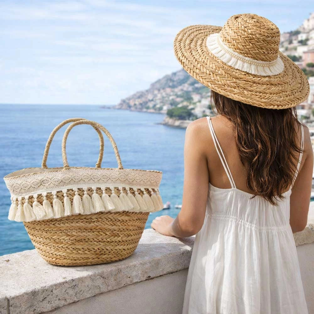 Borsa con Cappello Mare in omaggio in Paglia Intrecciata con Nappe in Cotone