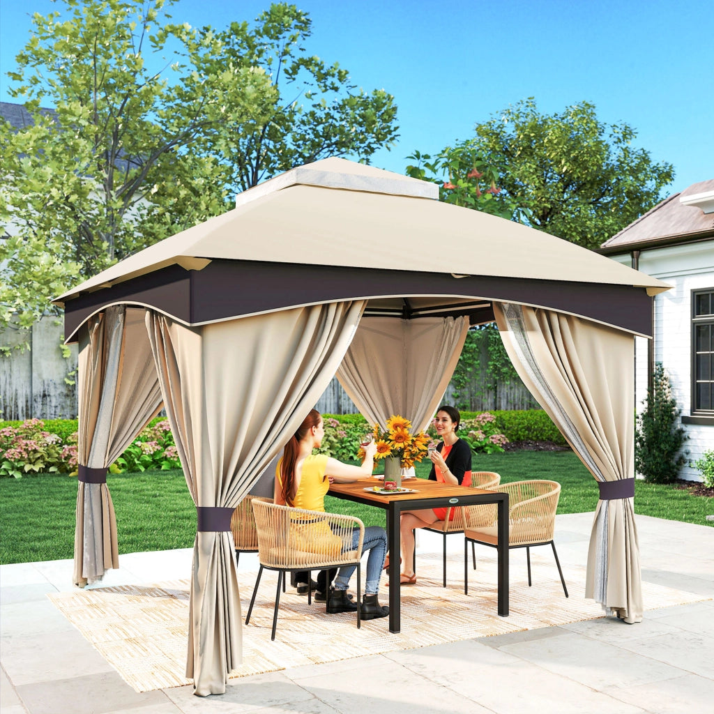 Gazebo da Giardino 3x3m ¨C zephmum ¨C Acciaio, Doppio Tettuccio, Tende, Beige e Grigio