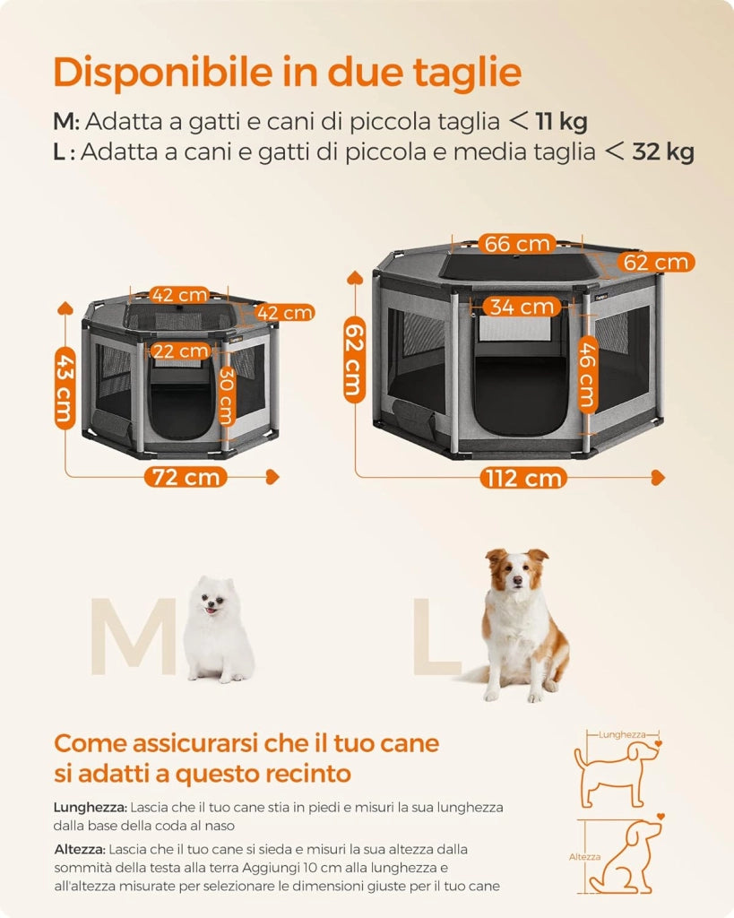 Feandrea Recinto per Cani di Tessuto Oxford, Recinto per Animali Ottagono, L, 112 x 112 x 62 cm, Telaio di Tubi in PVC, Rete Respirante, Tasca Portaoggetti, Grigio Scuro e Grigio Chiaro PDC003G01