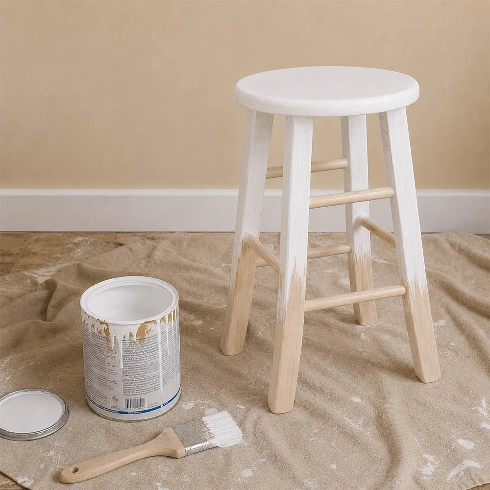 Sgabello in legno grezzo da dipingere h 47 cm con seduta rotonda e gambe curve