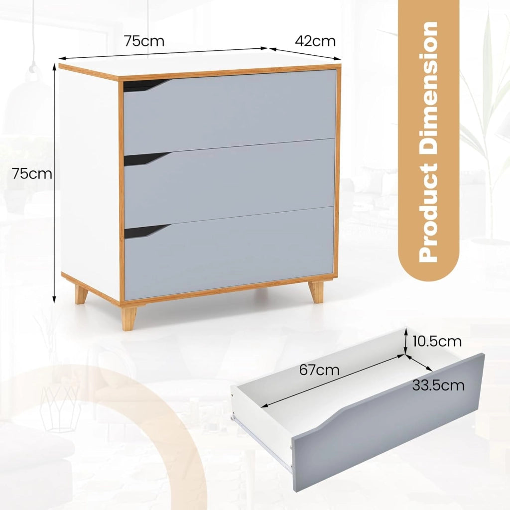 Cassettiera in legno con 3 cassetti, cassettiera autoportante, con chiusura antiribaltamento, moderno armadietto con gambe in legno massiccio, comodino, 75 x 42 x 75 cm