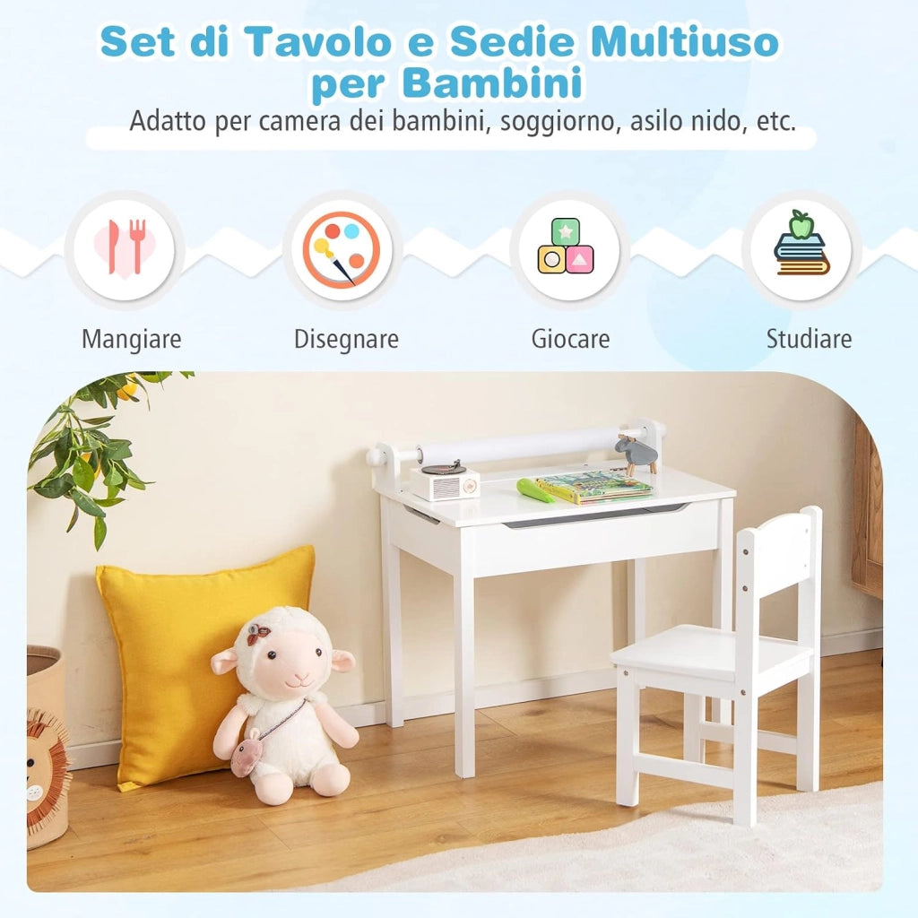 Set Tavolo e Sedia d’Arte per Bambini 3+ Anni, Scrivania in Legno di Pino da Disegno con Portarotolo, Piano Ribaltabile & Vano Portaoggetti, Rotolo di Carta 10m e 2 Pennarelli (Bianco)