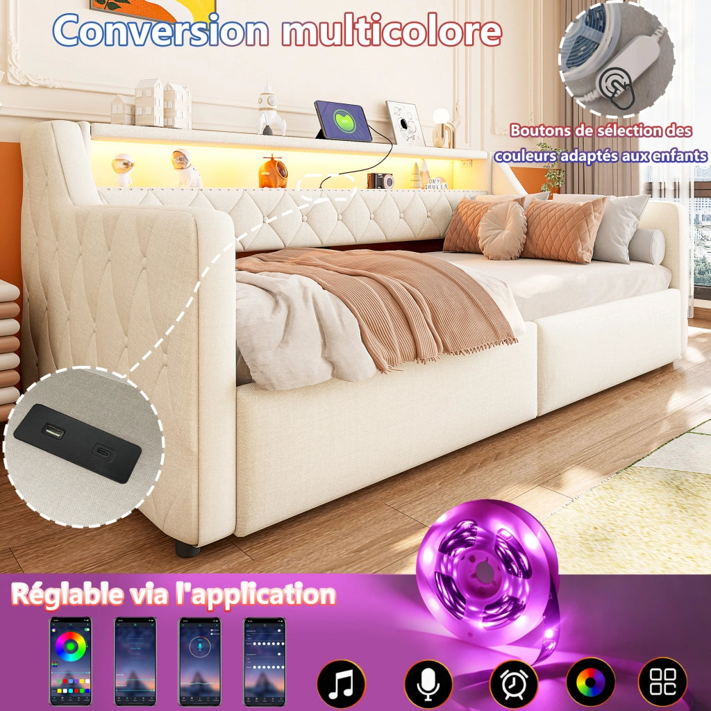 Letto divano 90 × 200 cm con contenitore idraulico, LED, USB e Type C, senza materasso, beige moderno