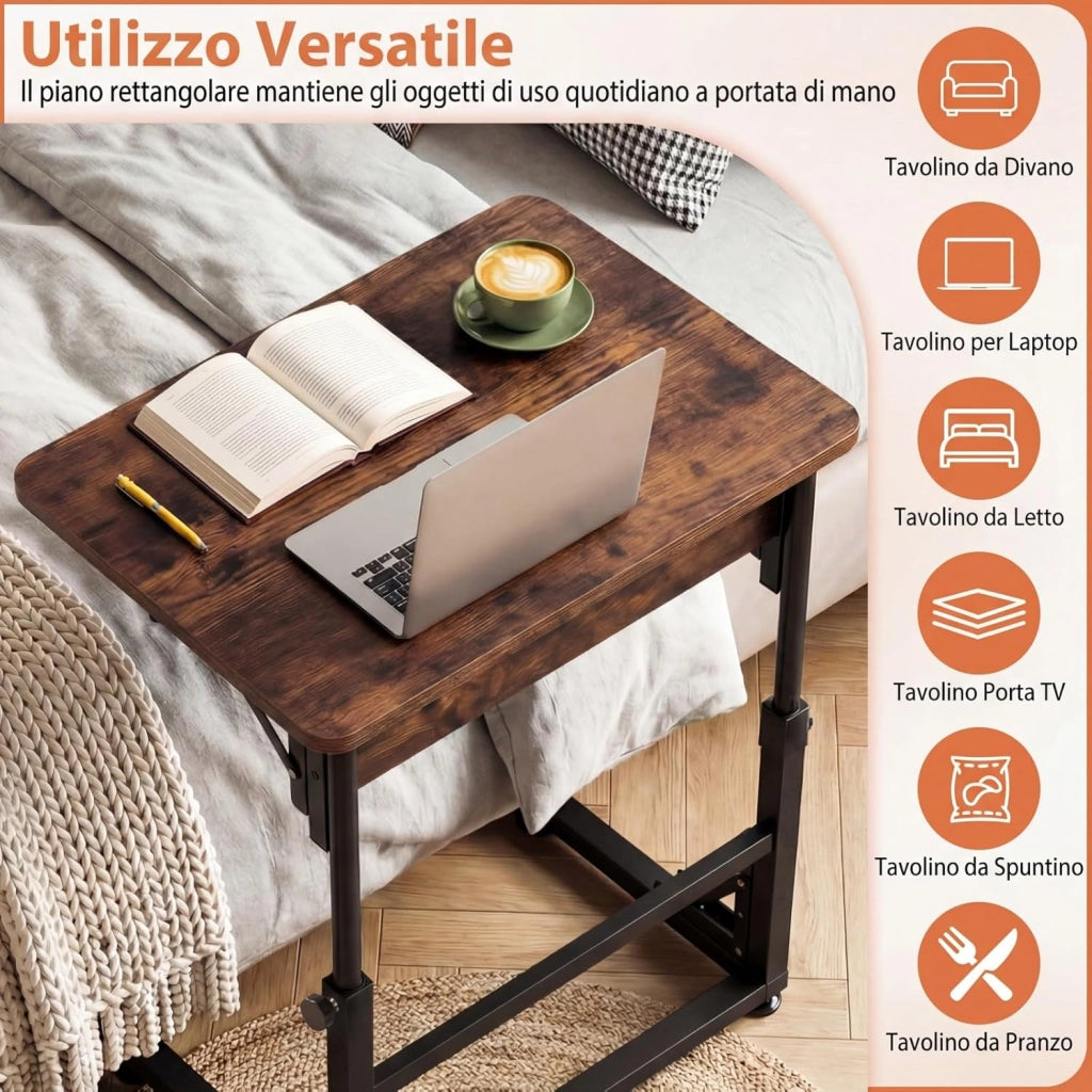 Tavolino da Divano e Letto, Tavolino Laterale Pieghevole e Regolabile in Altezza con Struttura Metallica e Piedini Antiscivolo, Tavolo per Soggiorno, Camera da Letto e Studio