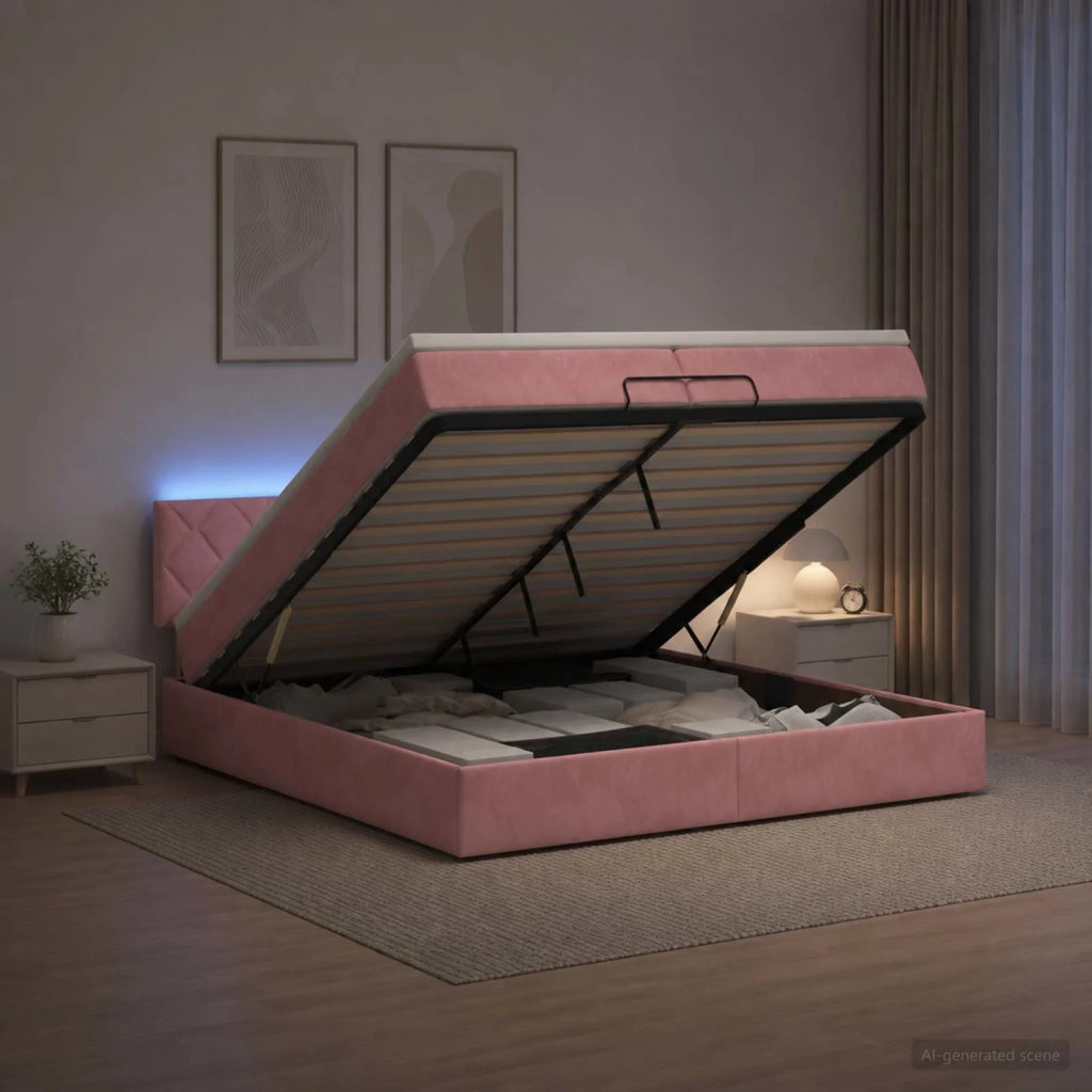 Letto Ottomano con Materasso e LED Rosa 200 x 200 cm Velluto 3457238