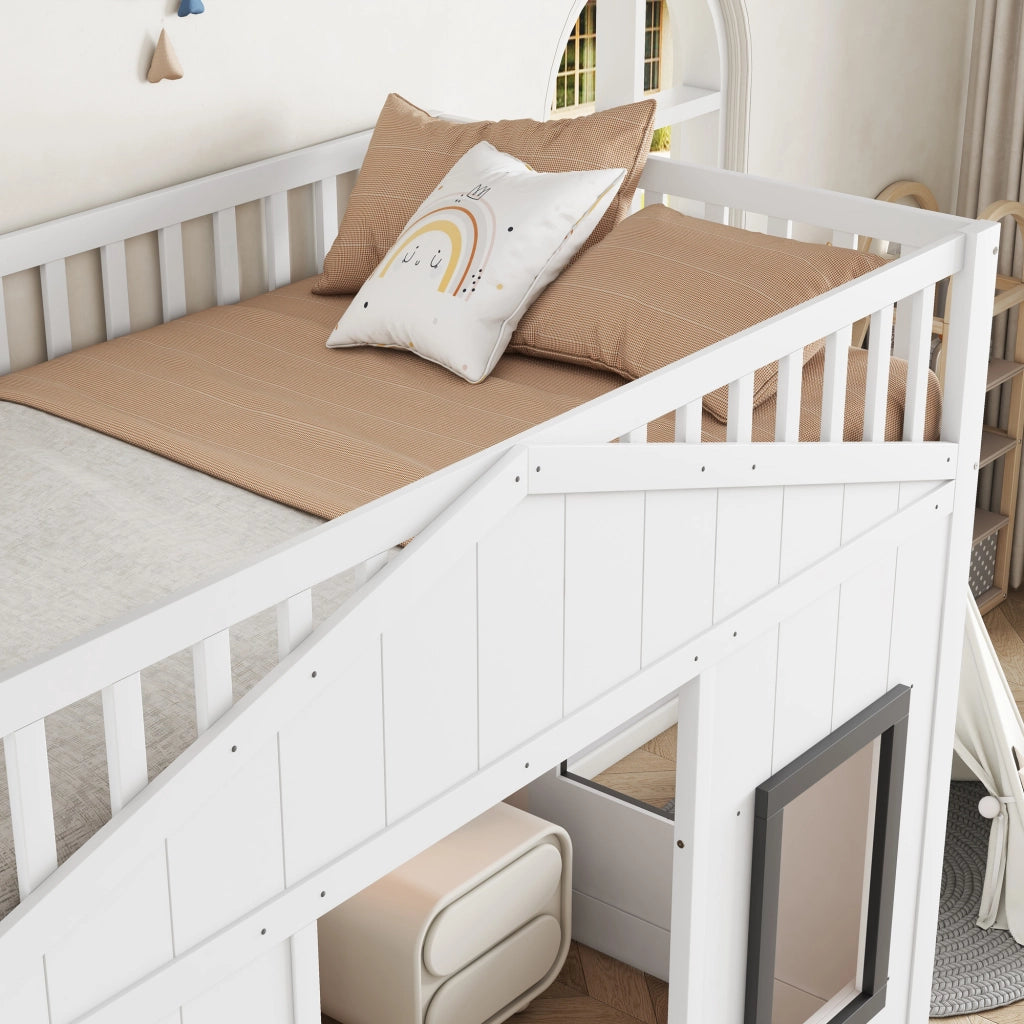 OKWISH Letto a castello 90×200 cm, Letto Singolo con Scala, Sponde di Sicurezza e Mensola, senza Materasso, Legno e MDF, Bianco