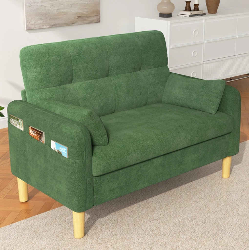 Sofa a 2 posti in chenille verde con 2 cuscini; 119 x 78 x 85 cm