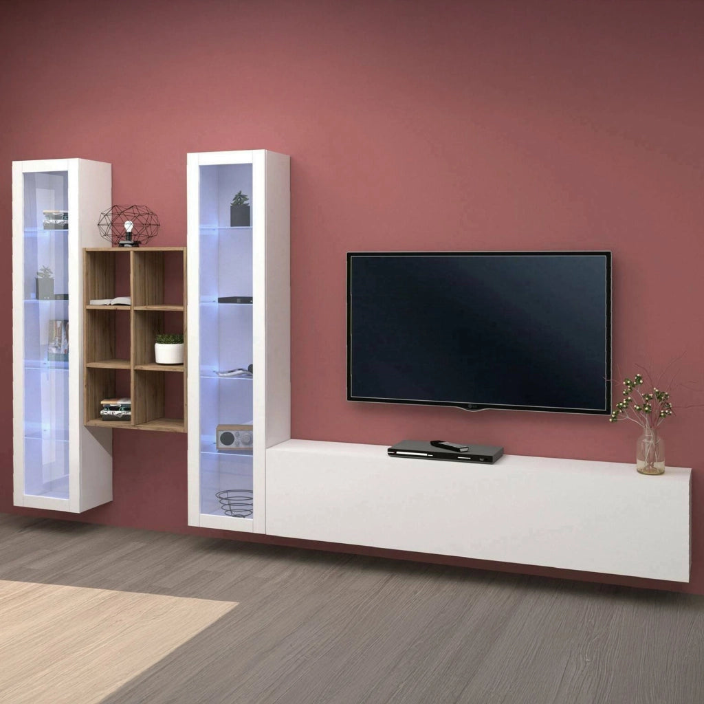Mobile Soggiorno Lome, Parete Attrezzata 15 Ripiani Made in Italy, 320x30x180h cm Bianco Lucido