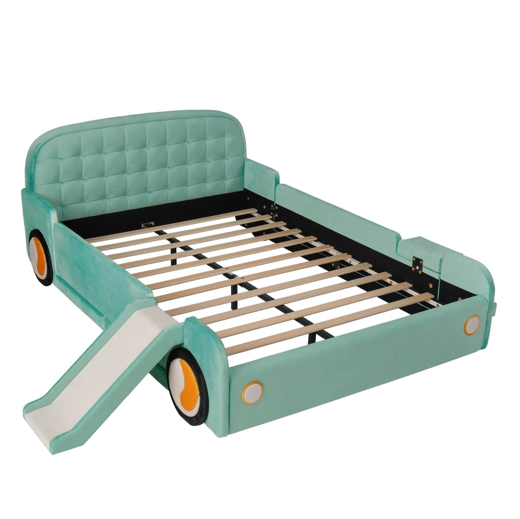 Letto per bambini 140x200 cm a forma di auto con scivolo e scala reversibili in velluto blu-verde
