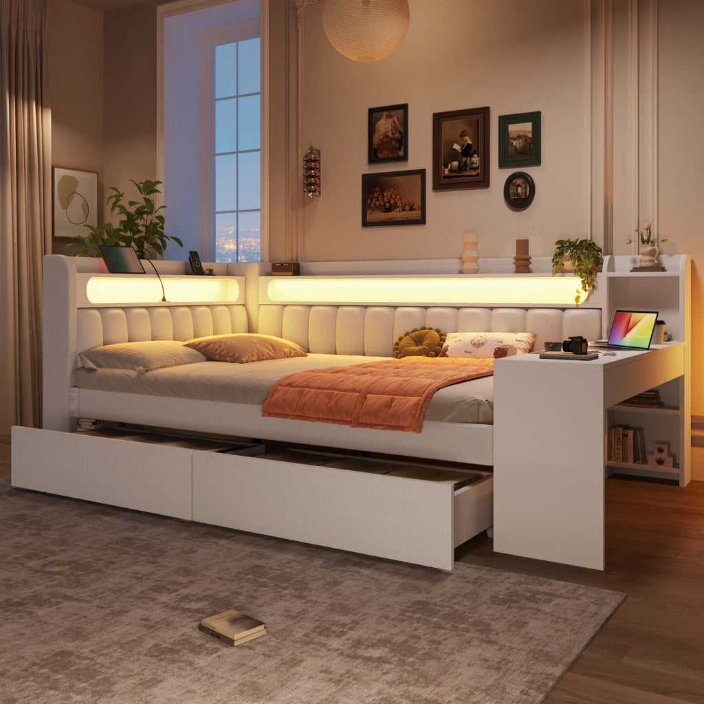 Letto a giorno con LED, porte USB, scrivania e 2 cassetti in MDF, compensato e tessuto bianco 140 × 200 cm