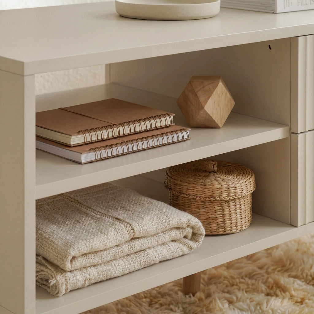 Tavolino da Salotto Nand con 2 Cassetti e 3 Scomparti Aperti 100 x 50 x 45 cm - Color Avena [en.casa]