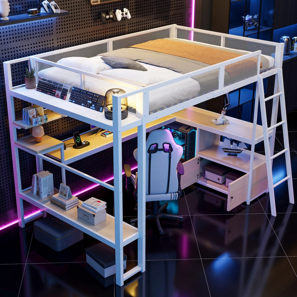 Letto a soppalco gaming 140x200 cm con scrivania e LED