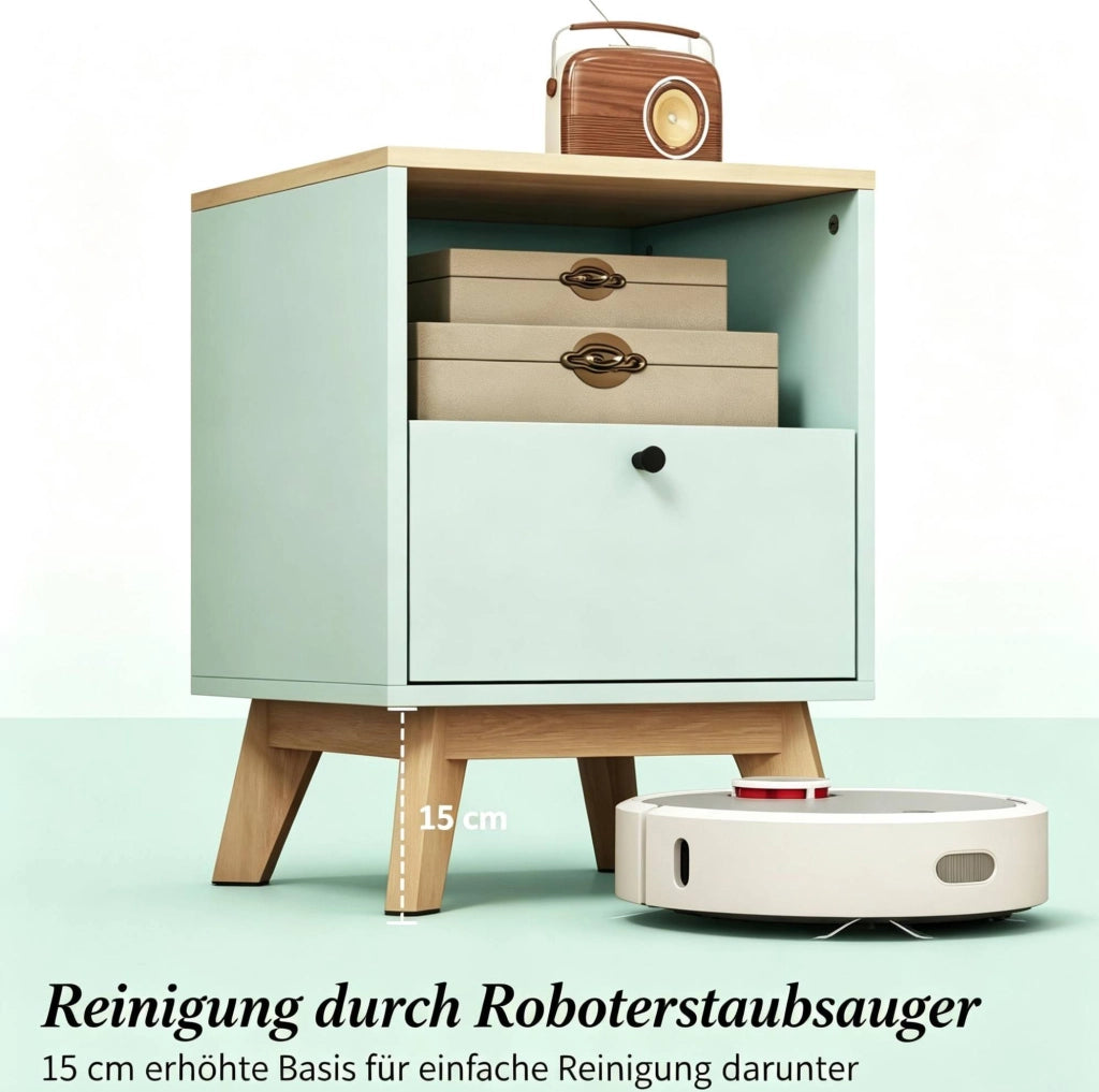 Set di 2 Comodini in MDF Verde Chiaro con Cassetto e Ripiano Aperto, 40x40x55 cm