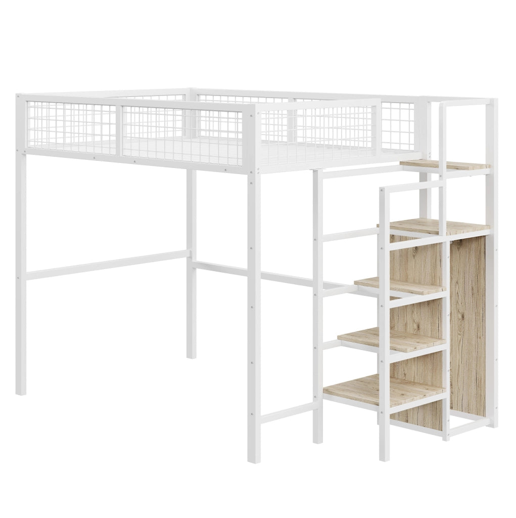 Letto a soppalco 140x200 cm con armadio e scala, bianco