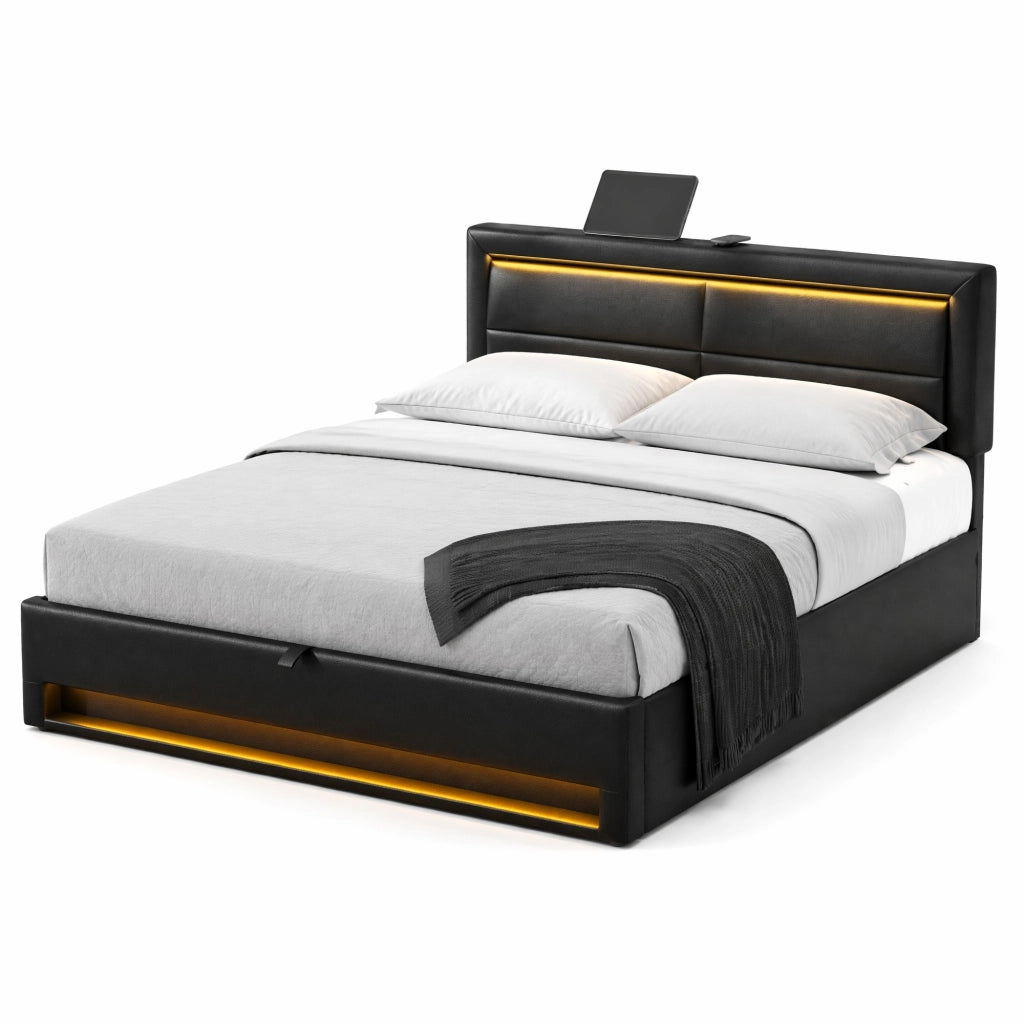 Letto imbottito 140 ¡Á 190 cm con ricarica USB e wireless LED a 12 colori contenitore in PU nero