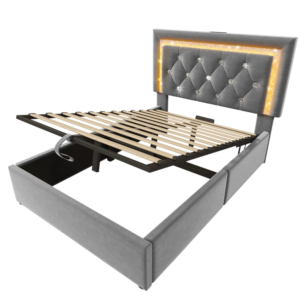 Letto imbottito 90x200 cm in velluto grigio con LED; USB Type-C; contenitore e materasso