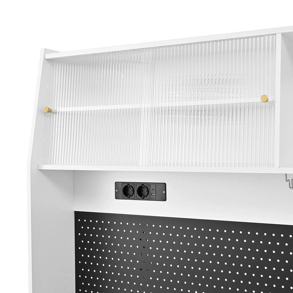 Armadio alto con prese elettriche e pannello perforato - Xylo - Porta-bicchieri da vino, cassetti, ideale per cucina e sala da pranzo (bianco)
