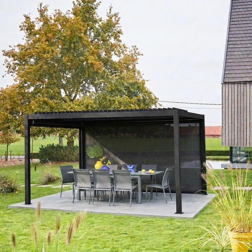Pergola bioclimatica 3x4m in alluminio e acciaio + tenda 4m, nero