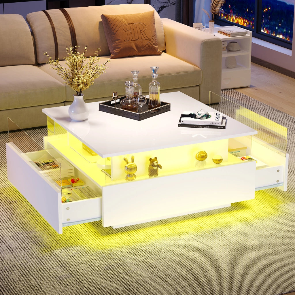 Tavolino da caffè con 2 cassetti; LED e vano trasparente - per soggiorno - in truciolare - 70x70x41 cm - bianco