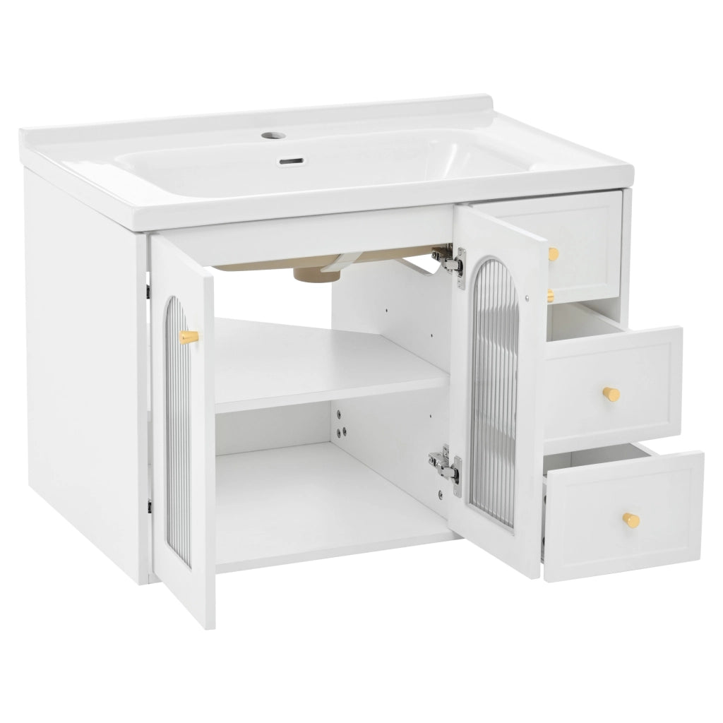 Mobile sottolavabo a parete con 2 cassetti; armadio con porta in vetro ondulato; lavabo in ceramica e ripiani regolabili; bagno