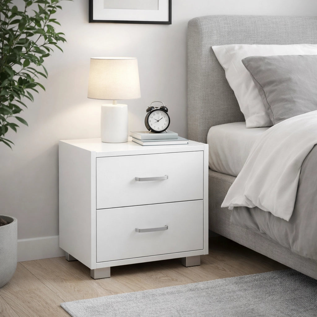 Comodino Bianco 2 Cassetti in Legno Design Moderno Minimal 40x43x44 cm