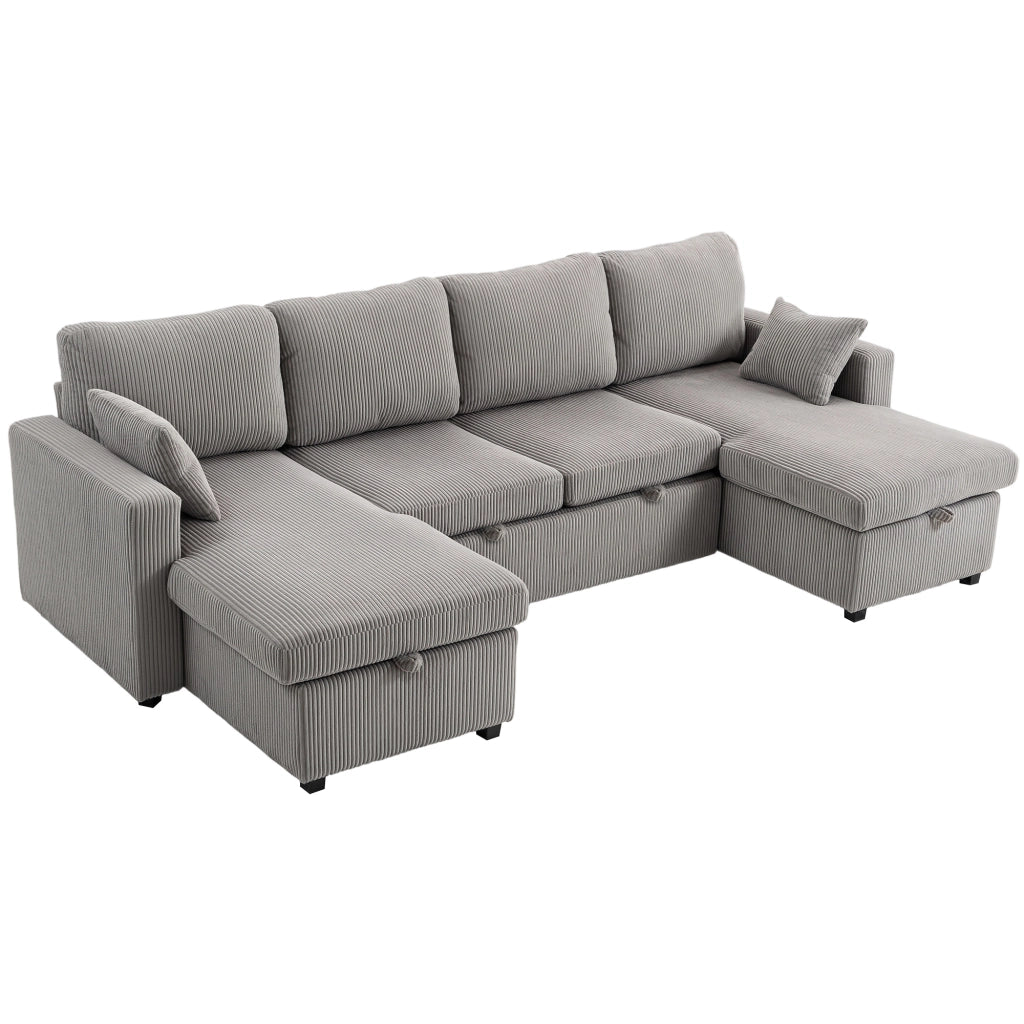 Divano Letto Moderno a U 282x140x86 cm con 2 Chaise Longue e Vani Contenitore Velluto a Coste Grigio
