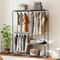 Armadio per Abiti Aperto con 4 Ripiani in Tessuto 3 Barre per Appendere Struttura in Metallo 142x43x185 cm Grigio Chiaro