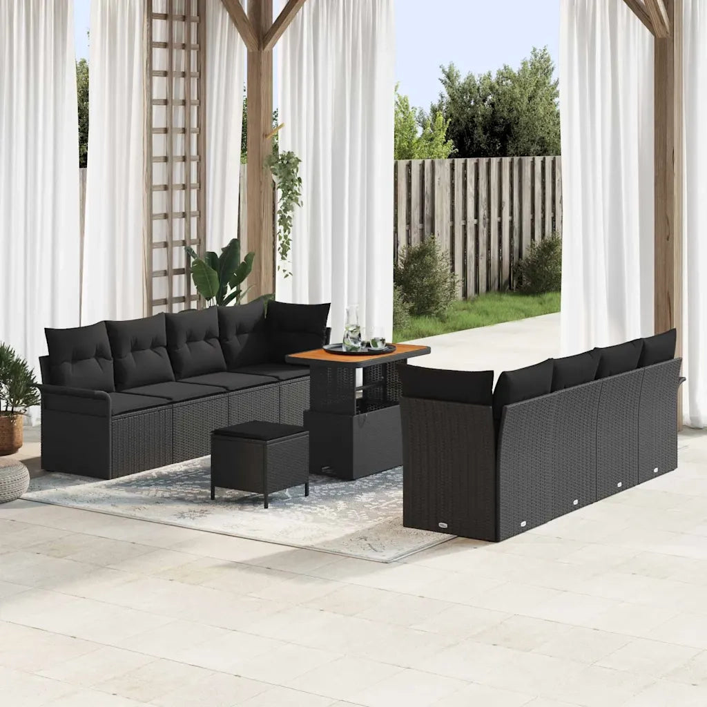 Set Divano da Giardino con cuscino 11 pcs Nero polyrattan