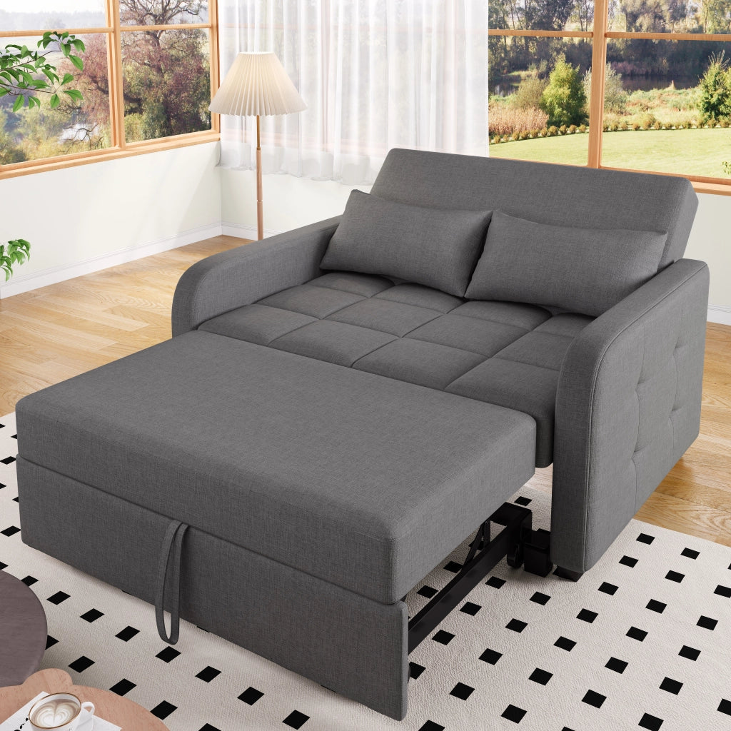 Divano letto convertibile con schienale regolabile e 2 cuscini in tessuto di cotone e lino grigio antico
