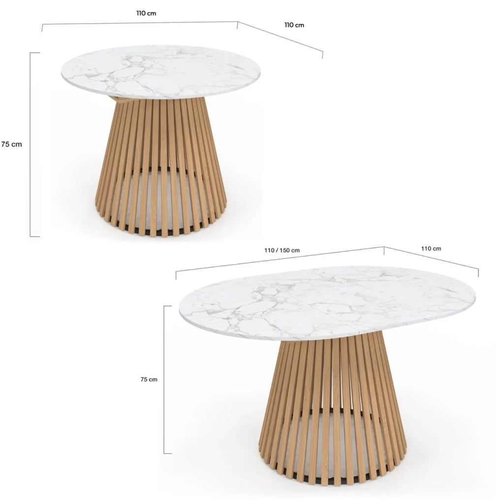 IDMarket - Tavolo da pranzo rotondo allungabile CARMEN per 4-8 persone con gambe a doghe in legno e piano in marmo bianco ALASKA 110 - 150