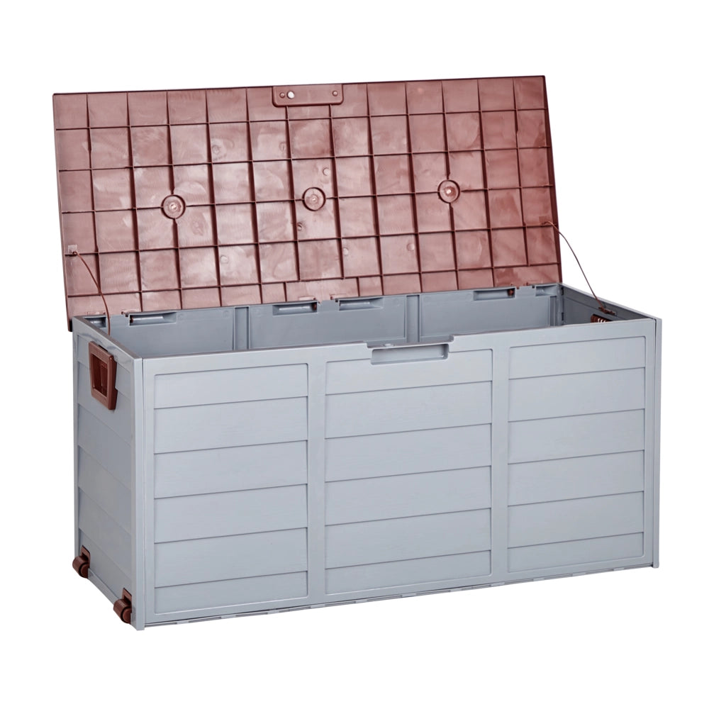 Cesta baule portaoggetti da giardino in plastica grigio marrone 112 x 50 cm con manici ruote Cassetta degli attrezzi da esterno