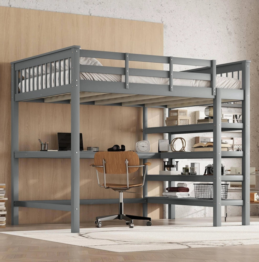 Letto a soppalco 140x200 cm con scrivania e ripiani grigio