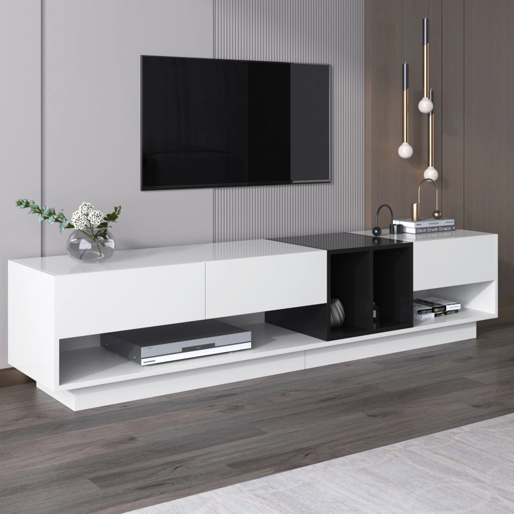 Mobile TV con 3 Cassetti e 2 Vani Aperti; Finitura Lucida; Stile Moderno; 190??40??42 cm; in Pannello Truciolare; Bianco