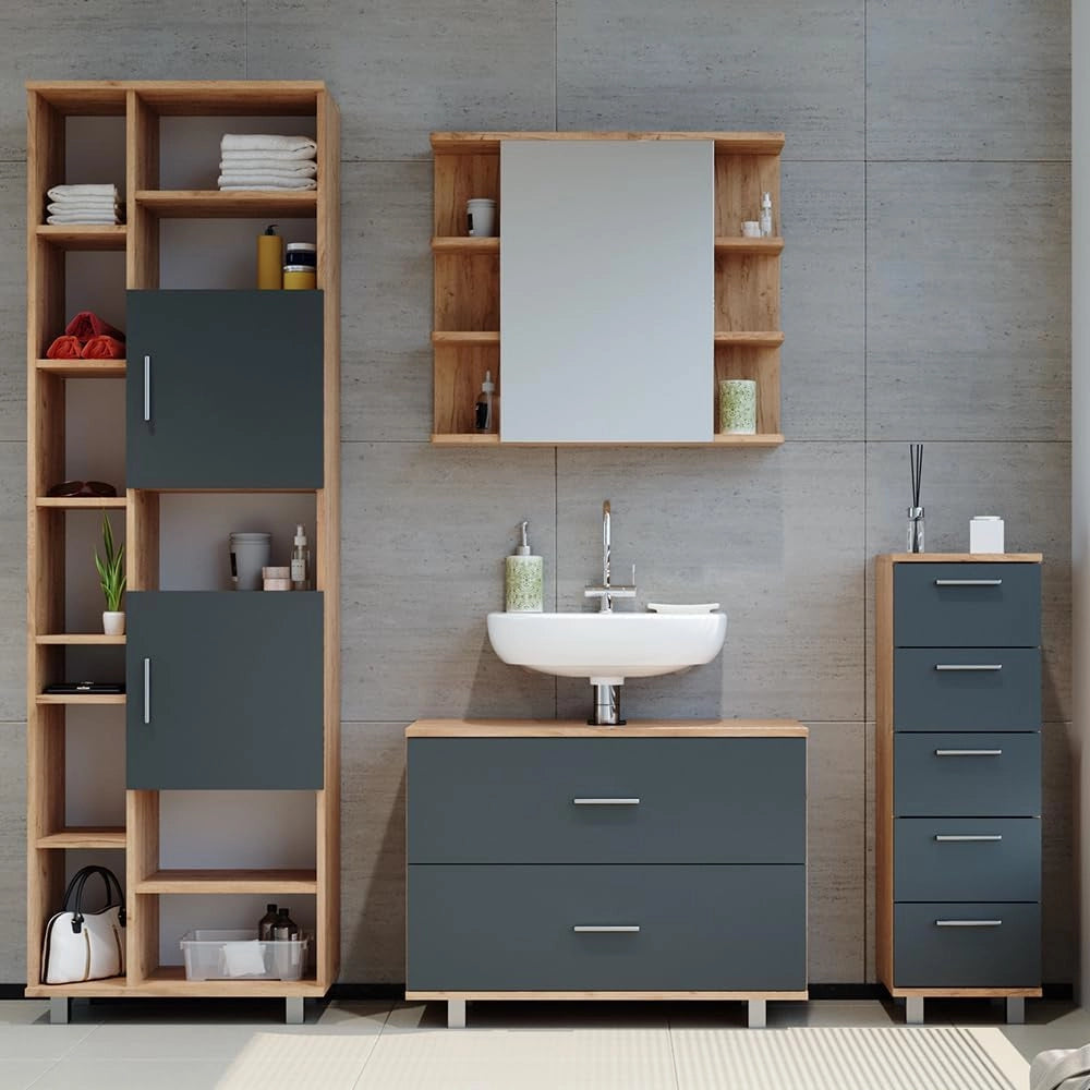 Set mobili bagno Ilias, Antracite/quercia dorata, 80.2 cm, composto da mobile lavabo, pensile a specchio, colonna e base media