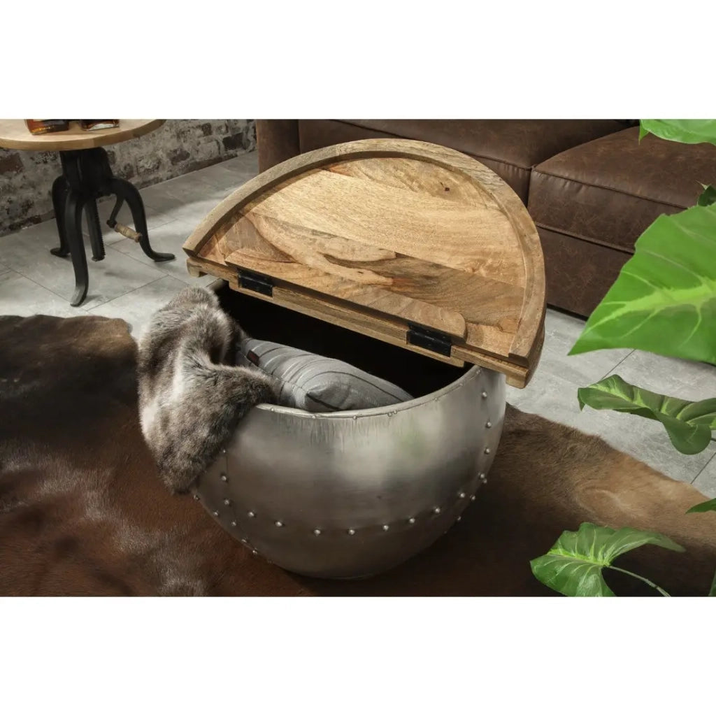 Tavolino rotondo ORVIK 68 cm in legno massello di mango e metallo - baule per la conservazione