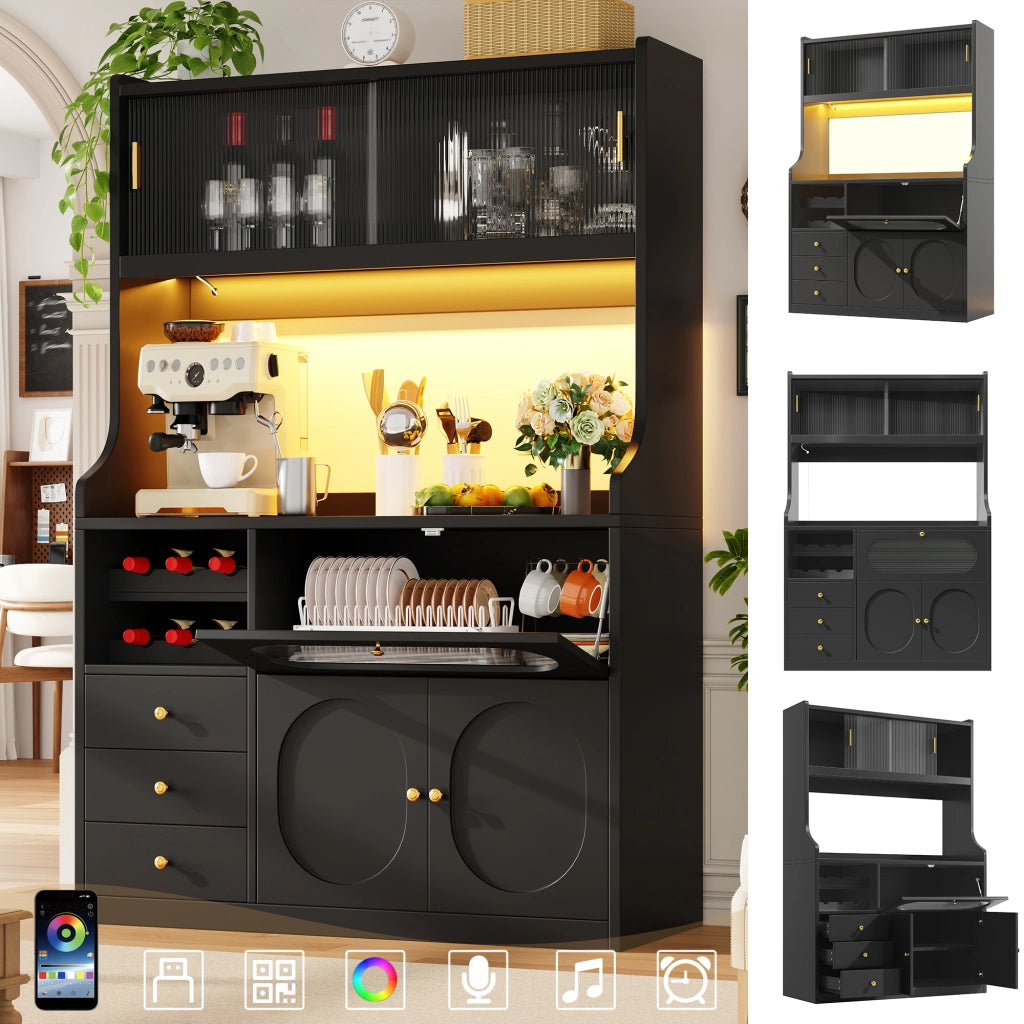 Colonna da cucina con LED RGB; ante scorrevoli in vetro; 3 cassetti e ante ribaltabili; per cucina; 120 × 40 × 180 cm