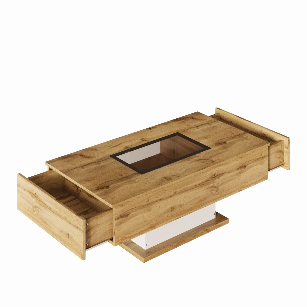 Tavolino da salotto 110.2x60x39.7 cm; 2 cassetti e LED regolabile; pannello truciolare; colore naturale