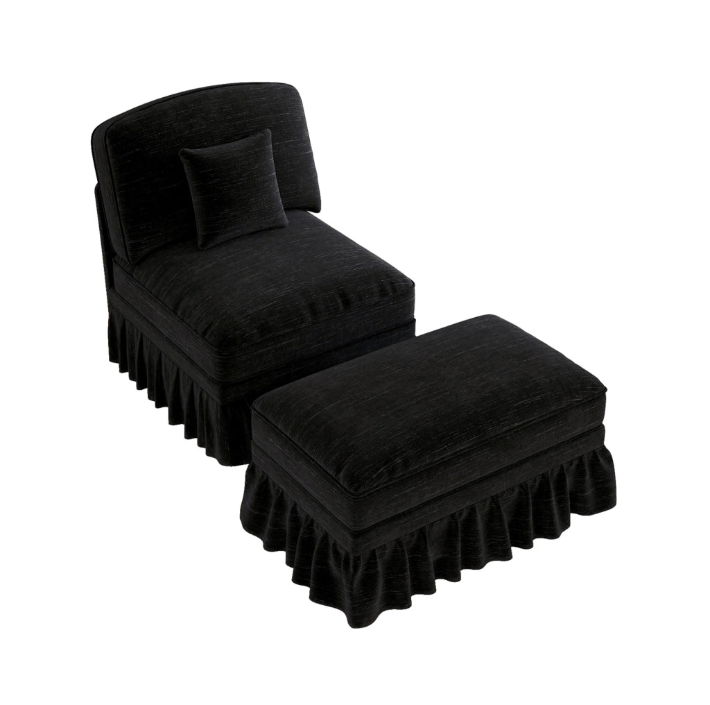 Divano in ciniglia nero con pouf; gonna con volant removibile e cuscino