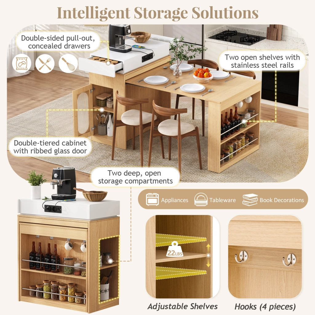 Carrello da Cucina con 1 Cassetto; Ripiani Regolabili; Piano Pieghevole e Prese; in MDF e Vetro; 83x46x96 cm; Naturale