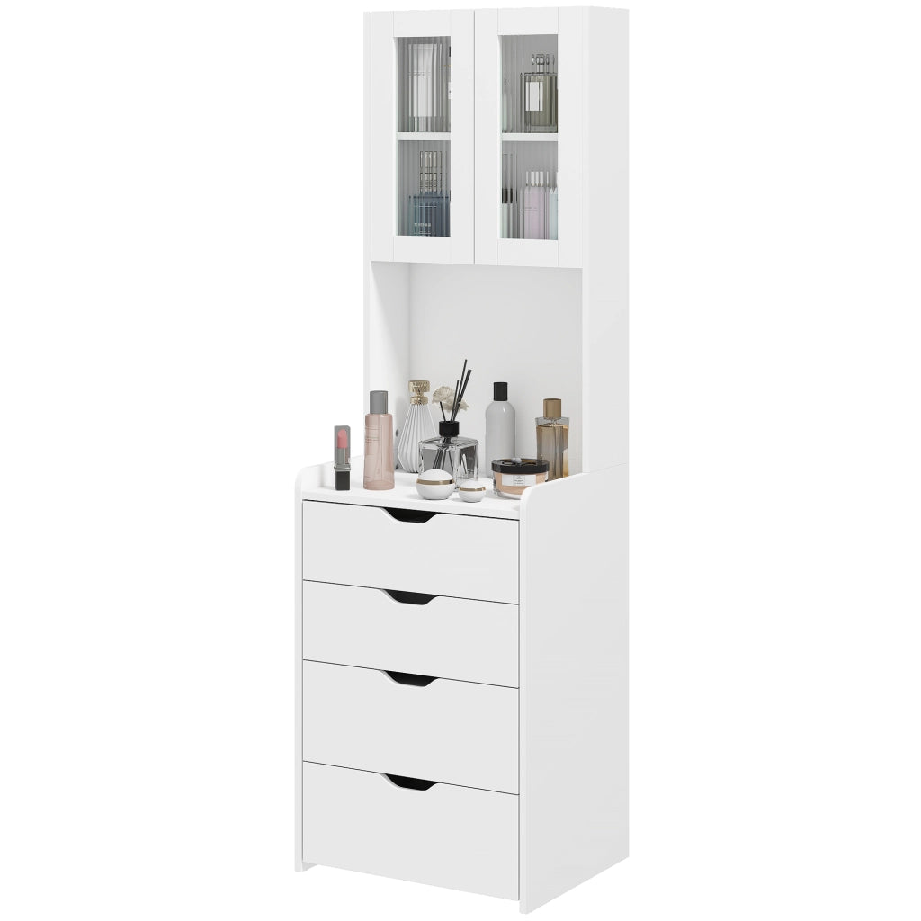 Toeletta Trucco con Specchio Illuminato e Sgabello, Luce Regolabile, Cassetti e Armadietto, Bianco