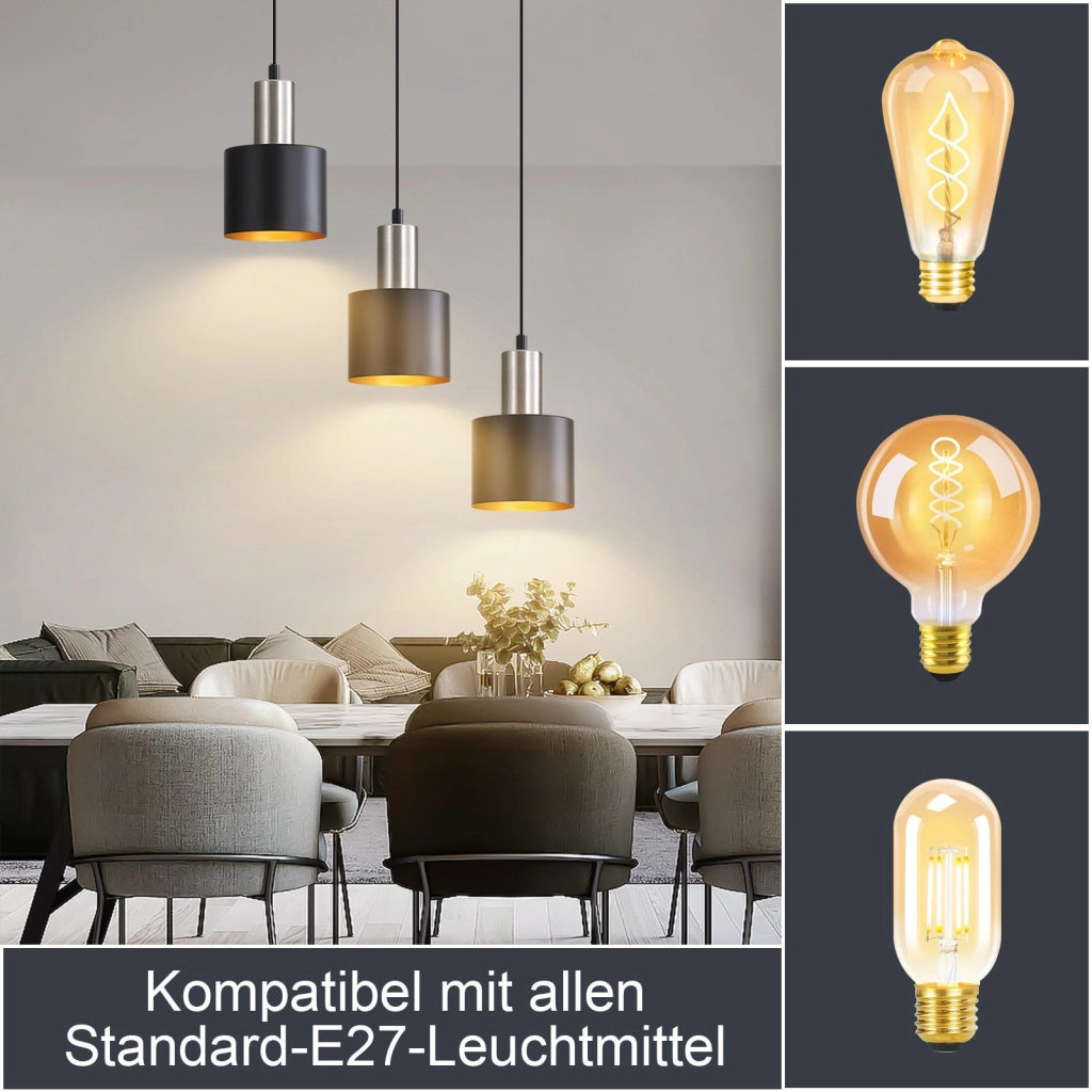 Lampada a Sospensione ZMH vintage 3 luci nero altezza regolabile E27 per isola cucina e sala da pranzo senza lampadina