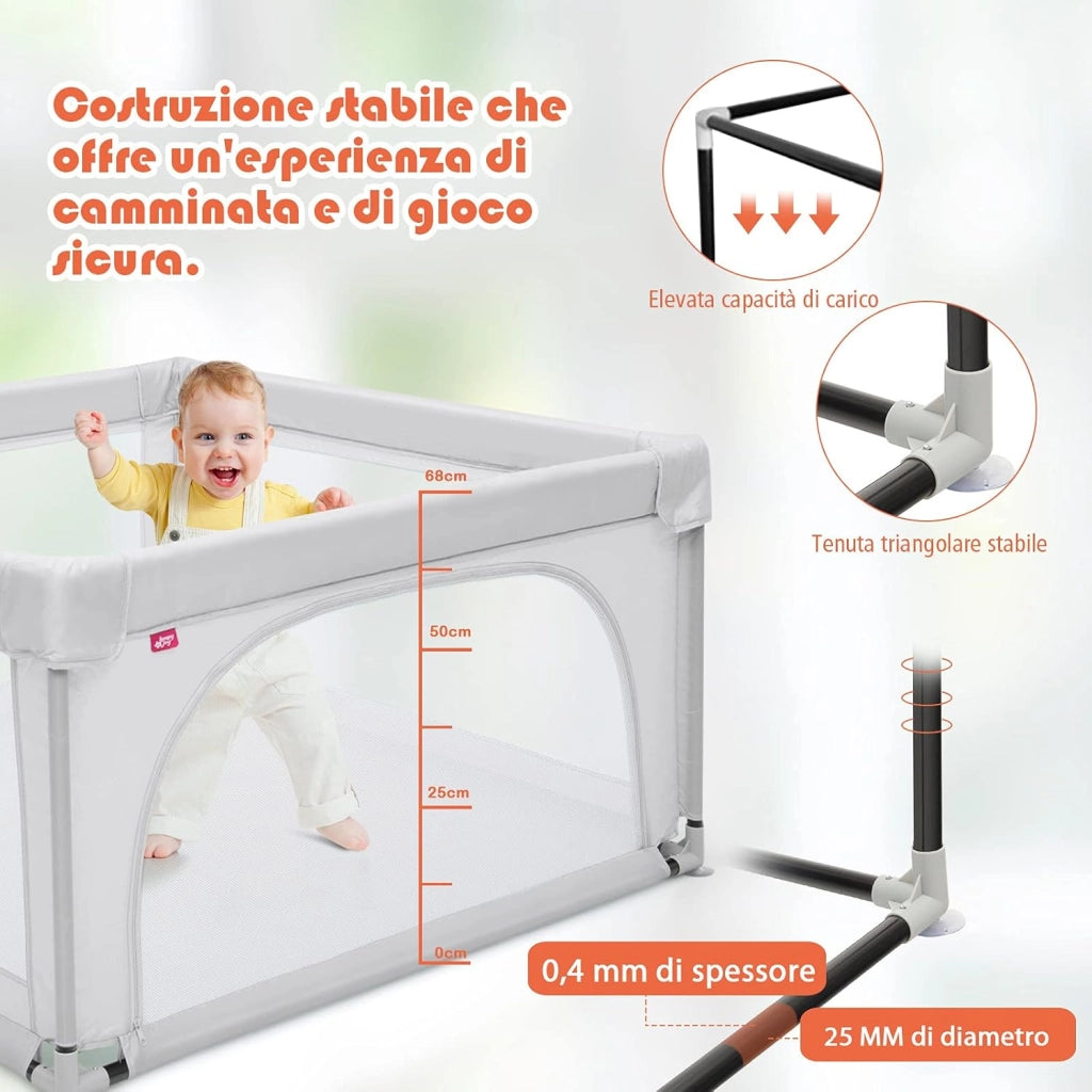 Box per Bambini, Centro Attività Portatile con Cancelli di Sicurezza, con Ventose Antiscivolo, Pareti a Rete Traspirante e 2 Anelli per Bambini, Cancello per Giocare con Palline (Grigio)