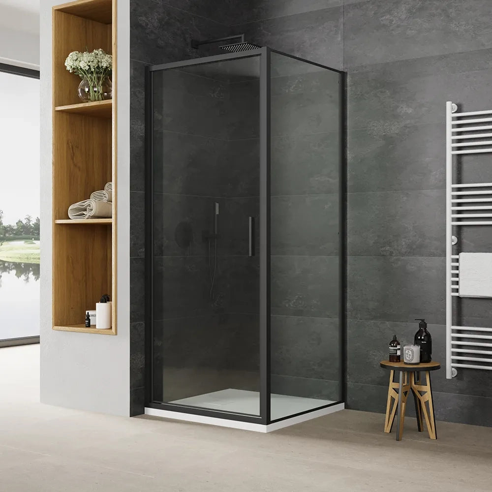 Box doccia slim 75x80cm con porta a battente e parete fissa profili nero opaco e vetro 6mm trasparente h190| Portofino