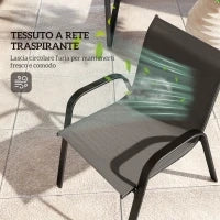 Set da Giardino con Divano 2 Posti, 2 Poltrone Impilabili e Tavolino in Vetro, Nero