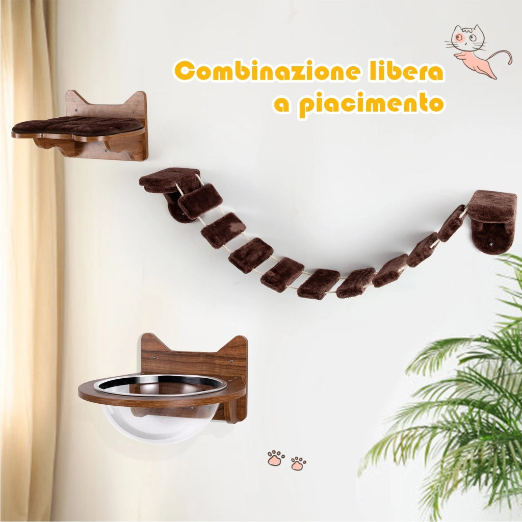 Scaletta per gatti montata al muro con letto di legno per gatti, Centro attivit¨¤ da interno per gatti Marrone-Alberi Tiragraffi