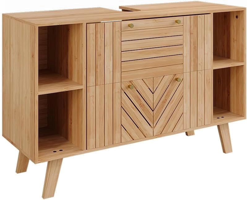 Mobile sottolavabo per bagno Lucie, Bambù, 100 x 65 cm con 2 cassetti, adatto per la conservazione salvaspazio di accessori da bagno