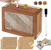 Scatola per risparmi con 8 etichette adesive in legno e pannello acrilico - design retro - scatola per risparmi per adulti e bambini - 10000 €